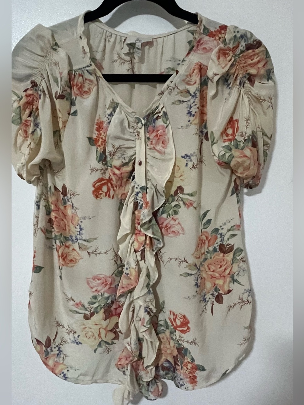 Joie Cream Floral Ruffle bodice Soft Puff Sleeve Blouse